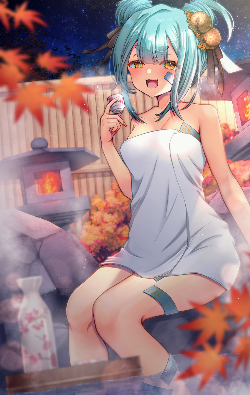1girl :d absurdres bamboo_fence black_ribbon blush bottle breasts cup cyberlive fence hair_ribbon highres holding holding_cup inami_yoki inami_yoki_(artist) long_hair looking_at_viewer naked_towel night night_sky onsen open_mouth ribbon rock sitting sky smile soaking_feet solo star_(sky) starry_sky tongue towel tray virtual_youtuber water