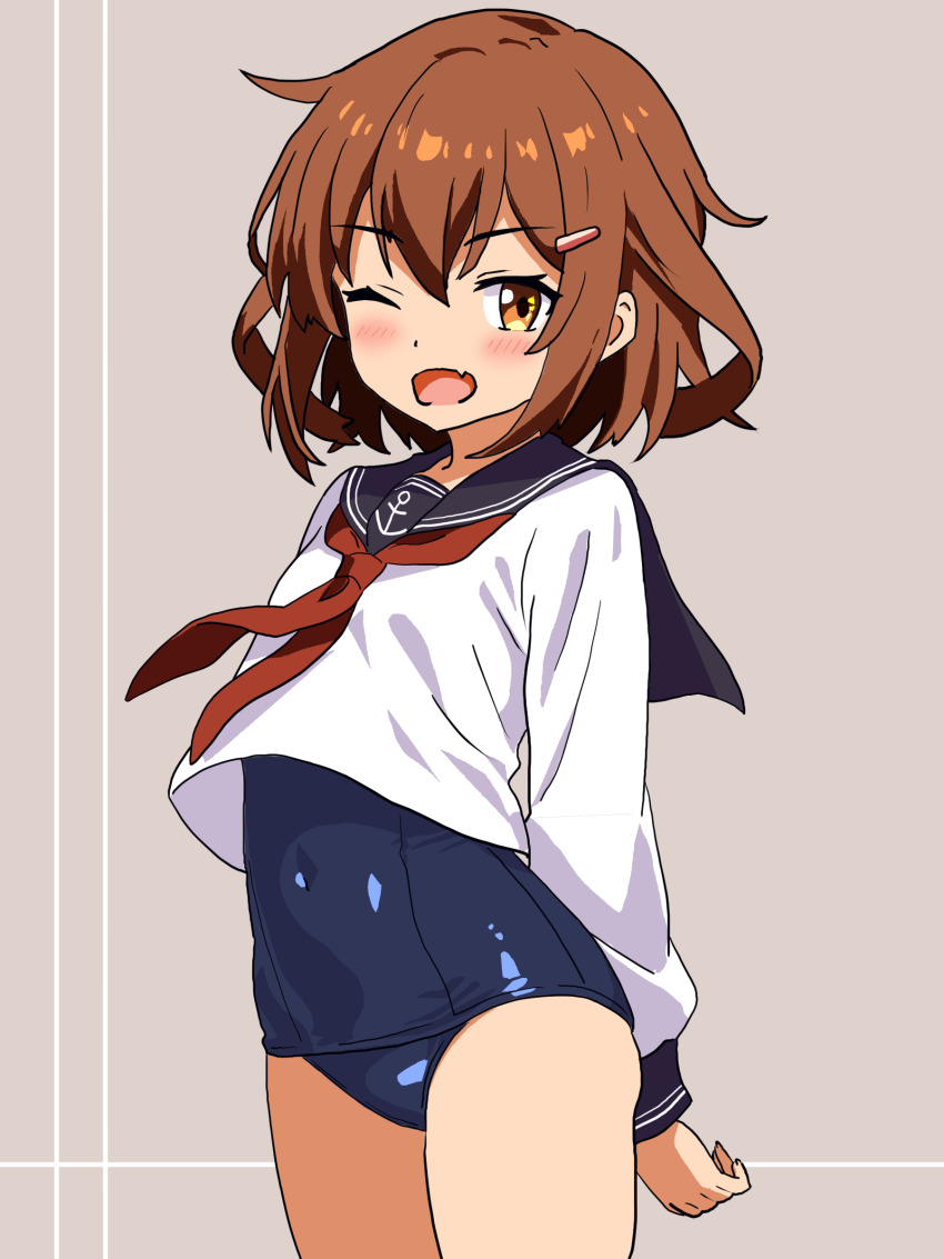 1girl absurdres blue_one-piece_swimsuit blush brown_eyes brown_hair covered_navel cowboy_shot fang grey_background hair_ornament hairclip highres ikazuchi_(kancolle) kantai_collection long_sleeves ochazuke_(artist) old_school_swimsuit one-piece_swimsuit one_eye_closed open_mouth school_swimsuit school_uniform serafuku serasuku short_hair smile swimsuit swimsuit_under_clothes