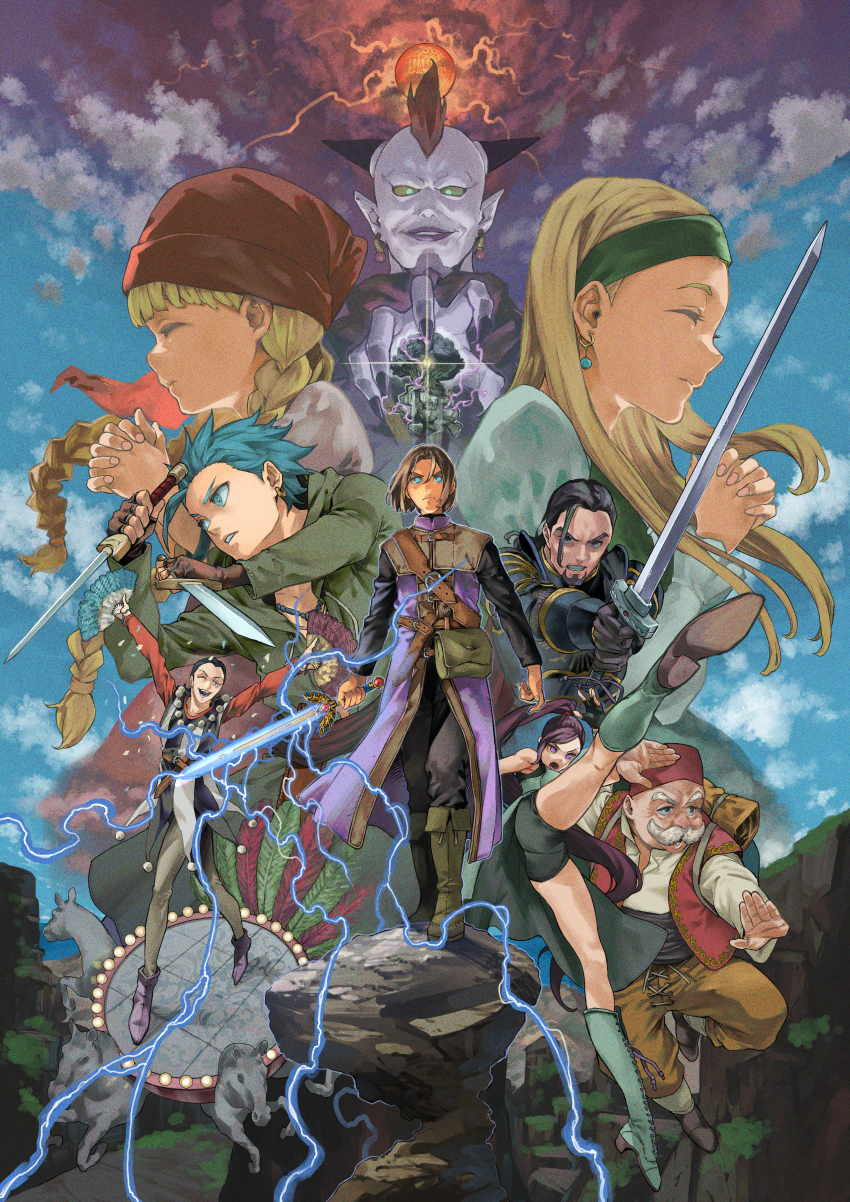 3girls 6+boys absurdres armor black_armor black_gloves black_hair black_shorts blonde_hair blue_hair boots braid brown_gloves brown_hair camus_(dq11) clenched_teeth closed_eyes colored_sclera colored_skin commentary dagger demon_boy dragon_quest dragon_quest_xi dual_wielding earrings erdrick&#039;s_sword everyone facial_hair fighting_stance fingerless_gloves fingernails floating_clothes floating_hair gloves glowing glowing_eyes gold_earrings green_footwear green_hairband green_tunic greig_(dq11) hair_slicked_back hairband hand_fan hat hero_(dq11) high_ponytail highres holding holding_dagger holding_fan holding_knife holding_sword holding_weapon hoop_earrings horns jewelry juliet_sleeves kicking knife knight lightning long_hair long_sleeves low_twin_braids martina_(dq11) matsuura_kento medium_hair mohawk multiple_boys multiple_girls mustache old old_man one_eye_closed open_mouth own_hands_together parted_hair pointy_ears ponytail profile puffy_sleeves purple_eyes purple_hair purple_lips red_hair red_hat red_vest row_(dq11) senya_(dq11) sharp_fingernails shorts spiked_hair sword sylvia_(dq11) teeth tunic twin_braids urnoga veronica_(dq11) vest weapon white_facial_hair white_hair white_skin yellow_sclera yggdrasil