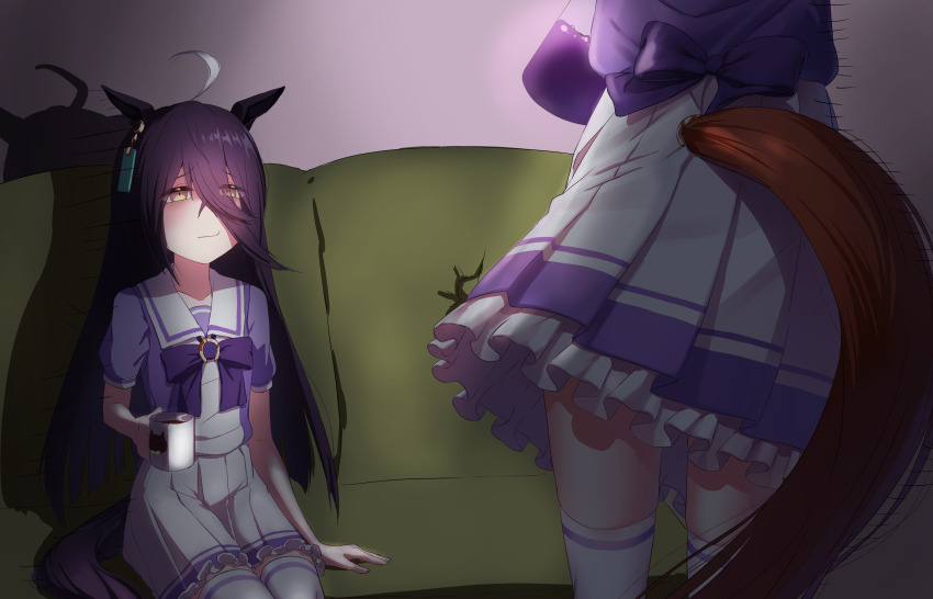 2girls absurdres agnes_tachyon_(umamusume) ahoge animal_ears black_hair bow coffee_mug couch cup earrings flask hair_between_eyes highres holding holding_cup holding_flask horse_ears horse_girl horse_tail jewelry long_hair manhattan_cafe_(umamusume) meme mug multicolored_hair multiple_girls on_couch purple_bow purple_shirt reo-illust4696 school_uniform shikairo_days_dance_(meme) shikanoko_nokonoko_koshitantan shirt single_earring sitting skirt tail thighhighs tracen_school_uniform umamusume white_hair white_skirt white_thighhighs yellow_eyes