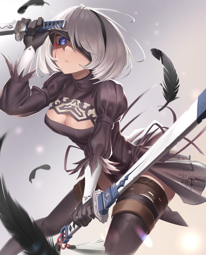 1girl 2b_(nier:automata) absurdres bandage_over_one_eye black_thighhighs breasts cleavage feathers hairband highres holding holding_sword holding_weapon looking_at_viewer medium_breasts nier:automata nier_(series) pang-yo short_hair solo sword thighhighs weapon white_hair