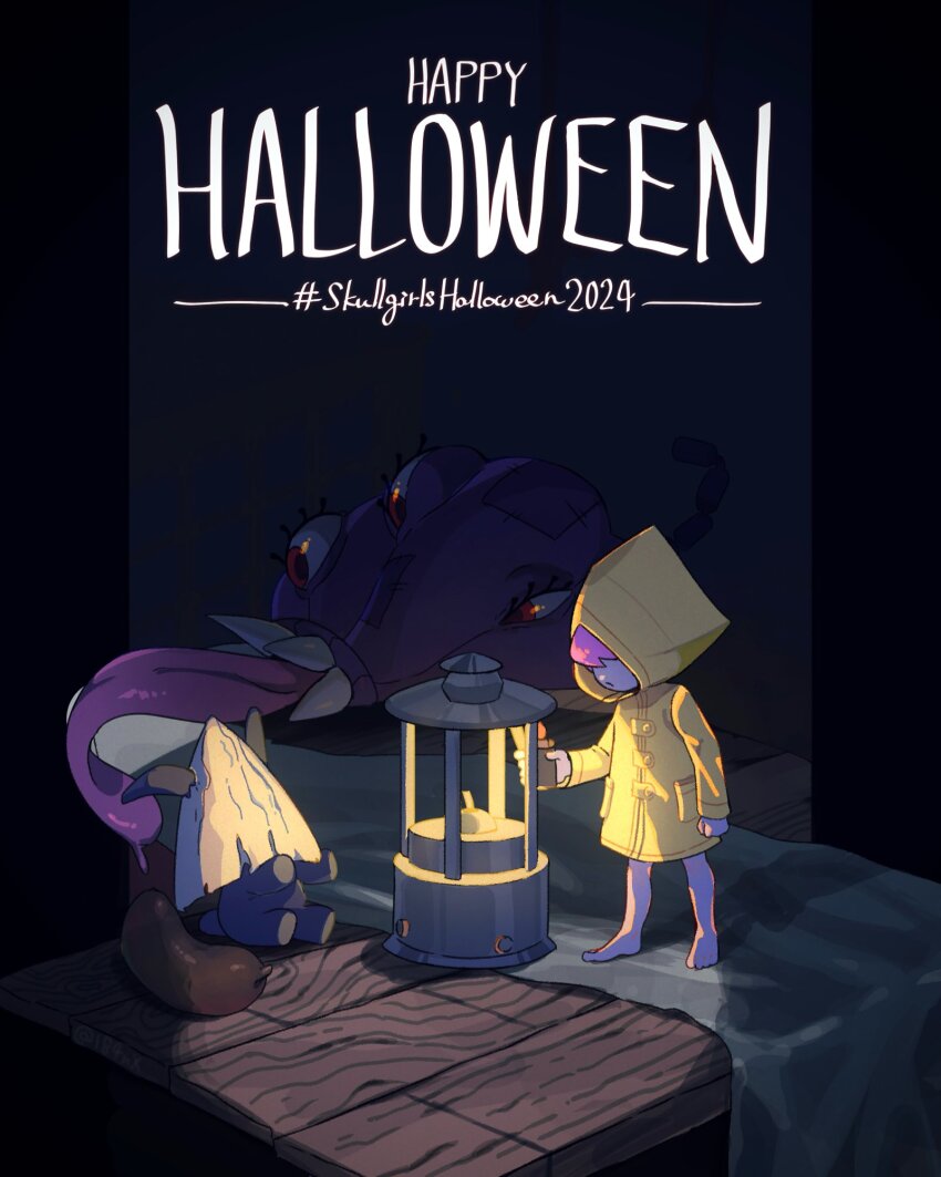 184nx 1girl 2024 barefoot black_background candle cosplay crossover english_text highres hood hungern_(skullgirls) lantern little_nightmares_(series) monster pink_hair raincoat red_eyes sharp_teeth six_(little_nightmares) six_(little_nightmares)_(cosplay) skullgirls stuffed_animal stuffed_rabbit stuffed_toy teeth tongue tongue_out umbrella umbrella_(skullgirls) wooden_floor