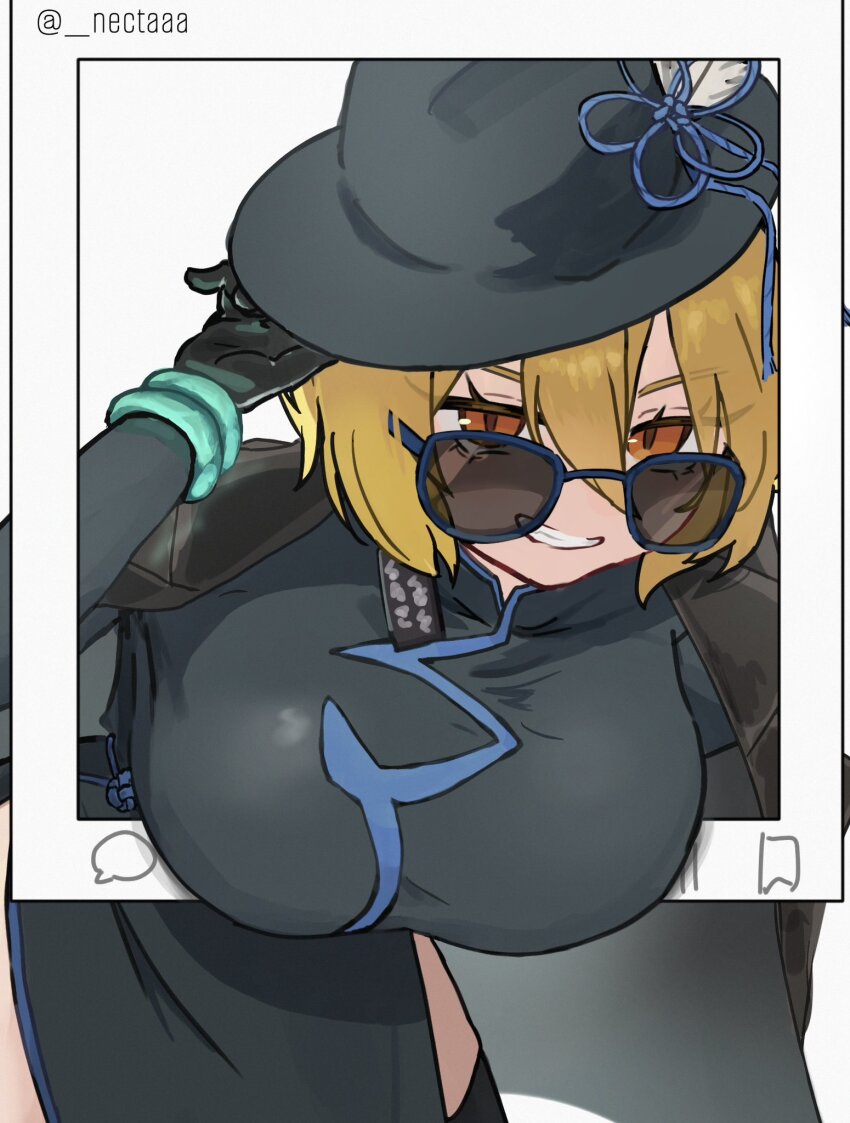 1girl black_coat black_dress black_gloves black_hat blonde_hair bracelet breasts china_dress chinese_clothes coat coat_on_shoulders commentary_request don_quixote_(project_moon) dress earrings cinq_east_(identity)_(project_moon) gloves grin hat highres jewelry large_breasts limbus_company long_sleeves nectaaa open_mouth partially_opaque_sunglasses project_moon round_eyewear short_hair simple_background single_earring slit_pupils smile solo sunglasses teeth tilted_headwear tilted_headwear white_background yellow_eyes
