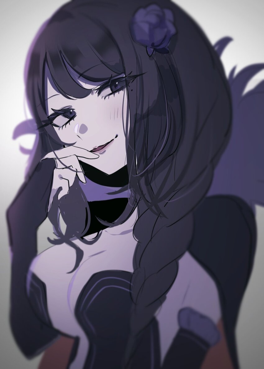 1girl black_hair braid braided_ponytail breasts bridal_gauntlets cape center_opening cleavage detached_sleeves elsa_granhilte flower frilled_sleeves frills fur_trim hair_flower hair_ornament highres large_breasts light_smile long_hair looking_at_viewer mole mole_under_eye purple_eyes re:zero_kara_hajimeru_isekai_seikatsu seductive_gaze solo