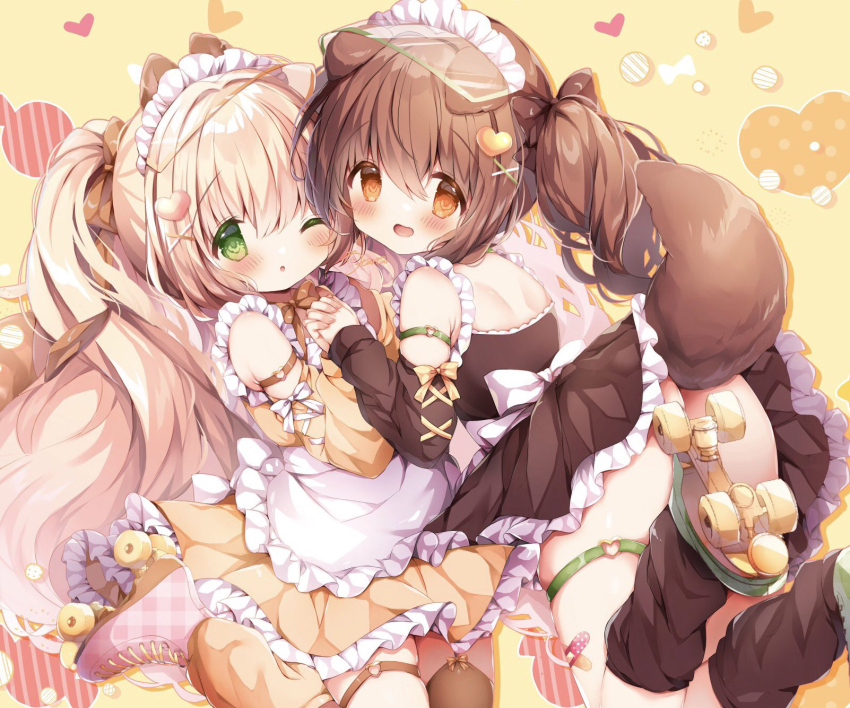 2girls ;o animal_ears arm_strap armpit_crease ass blonde_hair brown_eyes brown_hair commentary_request crossed_bandaids dog_ears dog_girl dog_tail dress green_eyes green_shoes hair_ornament haru_ichigo heart heart_hair_ornament highres holding_hands interlocked_fingers long_hair looking_at_viewer maid maid_headdress multiple_girls one_eye_closed open_mouth original pink_shoes roller_skates shoes simple_background skates smile socks tail thigh_strap visor_cap yellow_background yellow_dress