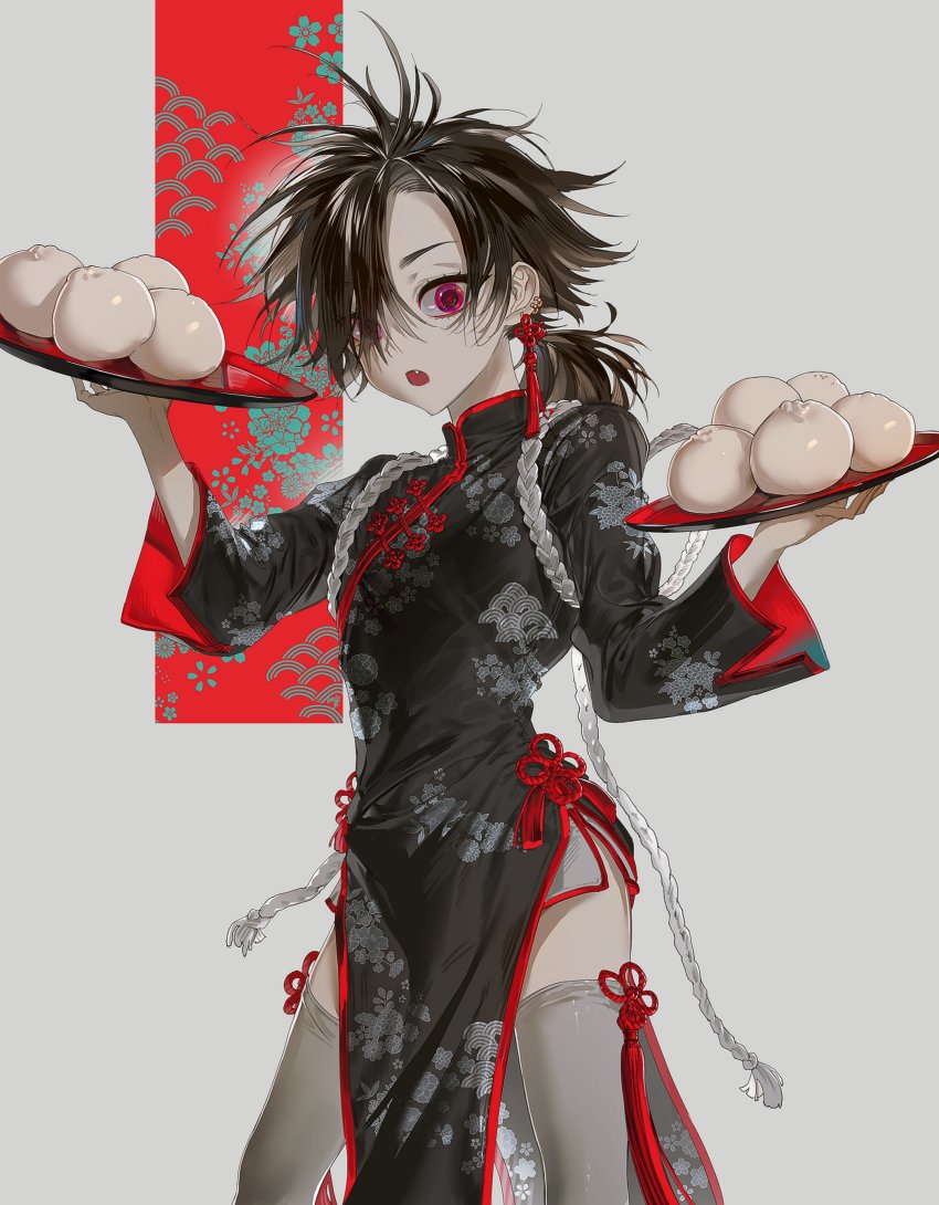 1boy absurdres aiguillette steamed_bun black_dress china_dress chinese_clothes dress egasumi fang feet_out_of_frame food grey_background grey_skirt grey_thighhighs hair_over_one_eye hands_up highres holding holding_tray knot korean_commentary legs_apart long_hair long_sleeves low_ponytail male_focus miniskirt open_mouth original pelvic_curtain pink_eyes ponytail red_eyes skirt skirt_under_dress solo tassel thighhighs toggles tray two-sided_fabric volff