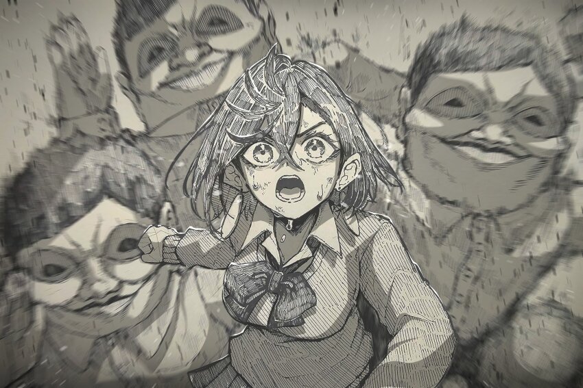 1girl 3boys absurdres alien ayase_momo blurry blurry_background bow bowtie breasts collared_shirt dandadan earrings epeulu_(ate5424) hair_between_eyes hashtag-only_commentary highres jewelry long_sleeves looking_at_viewer loose_bowtie medium_breasts medium_hair monochrome multiple_boys open_mouth running school_uniform serpo_(dandadan) shirt short_hair sweat sweater upper_body