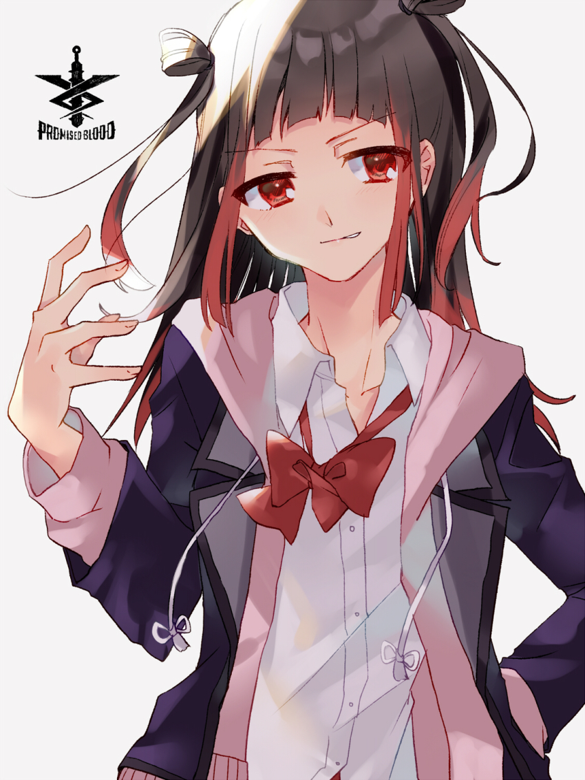 1girl bad_id bad_pixiv_id black_hair blunt_bangs hair_rings hand_up highres magia_record:_mahou_shoujo_madoka_magica_gaiden mahou_shoujo_madoka_magica matsuzaka_(matsuzakagyu_29) multicolored_hair ooba_juri red_eyes ribbon ryuugasaki_academy_school_uniform school_uniform smile solo white_background