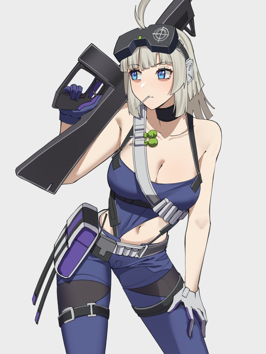 1girl aa-12 aa-12_(girls&#039;_frontline) absurdres asymmetrical_gloves bags_under_eyes blonde_hair blue_eyes blue_pants breasts cleavage collarbone commentary cowboy_shot gar32 girls&#039;_frontline girls&#039;_frontline_2:_exilium gloves grey_background gun hand_on_own_leg head-mounted_display highres holding holding_gun holding_weapon lind_(girls&#039;_frontline_2) lollipop_in_mouth mismatched_gloves navel pants purple_gloves shotgun simple_background solo trigger_discipline weapon white_gloves