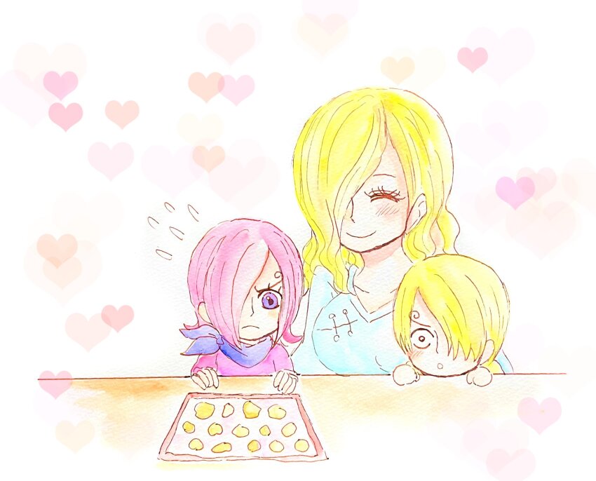 1boy 2girls aged_down blonde_hair blush child commentary_request curly_eyebrows dress flying_sweatdrops hair_over_one_eye heart highres karin10_op long_hair mother_and_daughter mother_and_son multiple_girls neckerchief one_piece pink_dress pink_hair purple_eyes sanji_(one_piece) short_hair vinsmoke_reiju vinsmoke_sora