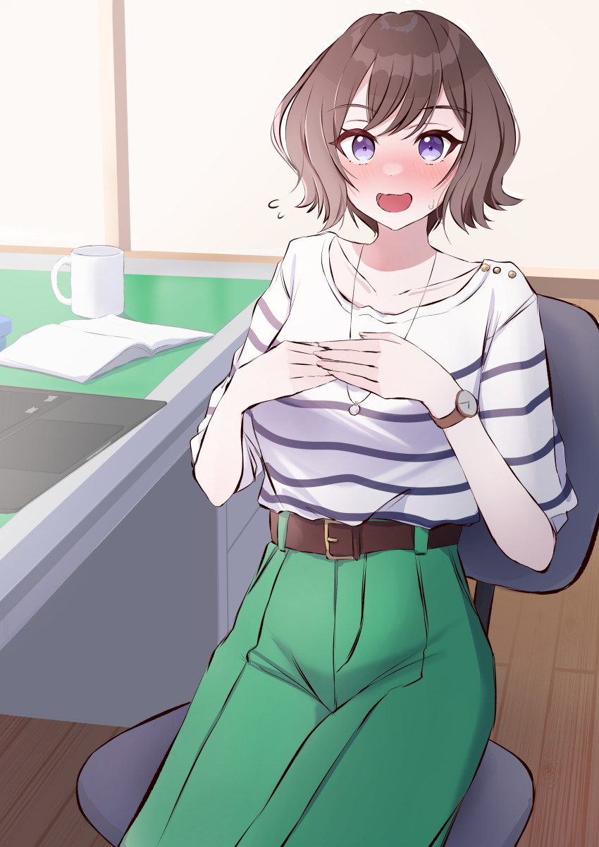 1girl :o absurdres belt_buckle blush brown_hair buckle commentary_request cup flying_sweatdrops gakuen_idolmaster green_pants highres idolmaster indoors looking_at_viewer mug neo_asari nose_blush nya_(xduy2738) pants purple_eyes shirt shirt_tucked_in short_hair short_sleeves sitting solo striped_clothes striped_shirt sweatdrop watch wristwatch