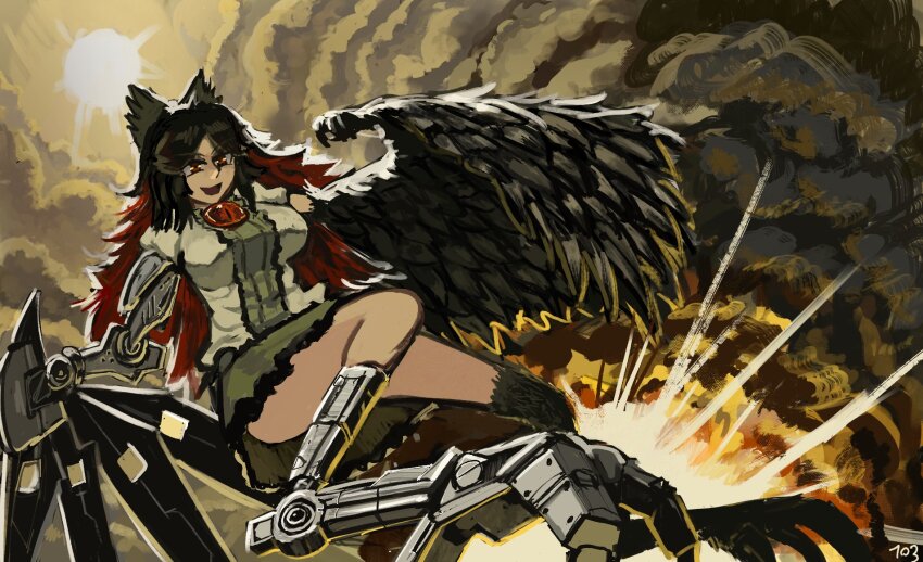 103anon 1girl adapted_costume bird_legs bird_wings black_hair black_wings bow breasts explosion green_bow green_skirt hair_bow highres long_hair machinery mechanical_arms mechanical_legs multicolored_hair open_mouth red_eyes red_hair reiuji_utsuho shirt single_mechanical_arm single_mechanical_leg skirt smile smoke solo sun third_eye third_eye_on_chest touhou winged_arms wings