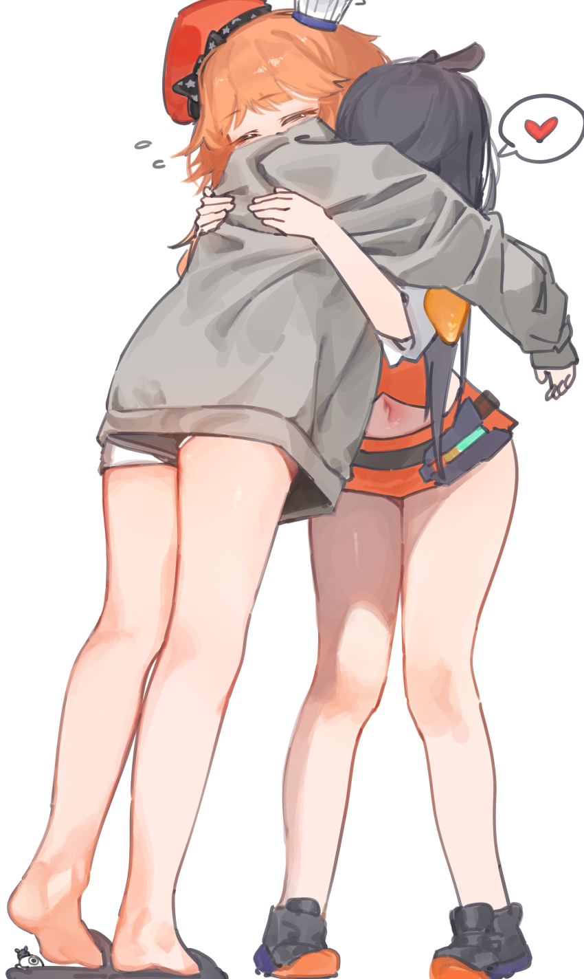 2girls absurdres beret black_hair chef_hat chocosong closed_eyes feet flying_sweatdrops grey_hoodie hat heart highres hololive hololive_english hood hoodie hug long_hair microskirt multicolored_hair multiple_girls multiple_hats navel ninomae_ina&#039;nis ninomae_ina&#039;nis_(loungewear) official_alternate_costume orange_hair orange_skirt simple_background skirt slippers soles spoken_heart standing takanashi_kiara takanashi_kiara_(1st_costume) tentacle_hair virtual_youtuber white_background