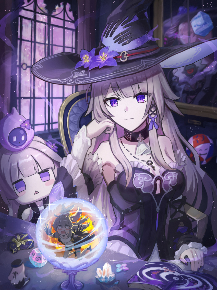 2girls absurdres bare_shoulders black_dress breasts brown_hair chair comiket_106 commentary_request crystal detached_sleeves dress hat herta_(honkai:_star_rail) herta_(puppet)_(honkai:_star_rail) herta_(simulated_universe_avatar)_(honkai:_star_rail) highres honkai:_star_rail honkai_(series) indoors isome jewelry key key_necklace large_breasts long_hair multiple_girls necklace on_chair portrait_(object) purple_eyes sitting smile stelle_(honkai:_star_rail) the_herta_(honkai:_star_rail) trailblazer_(honkai:_star_rail) triangle_mouth very_long_hair witch_hat