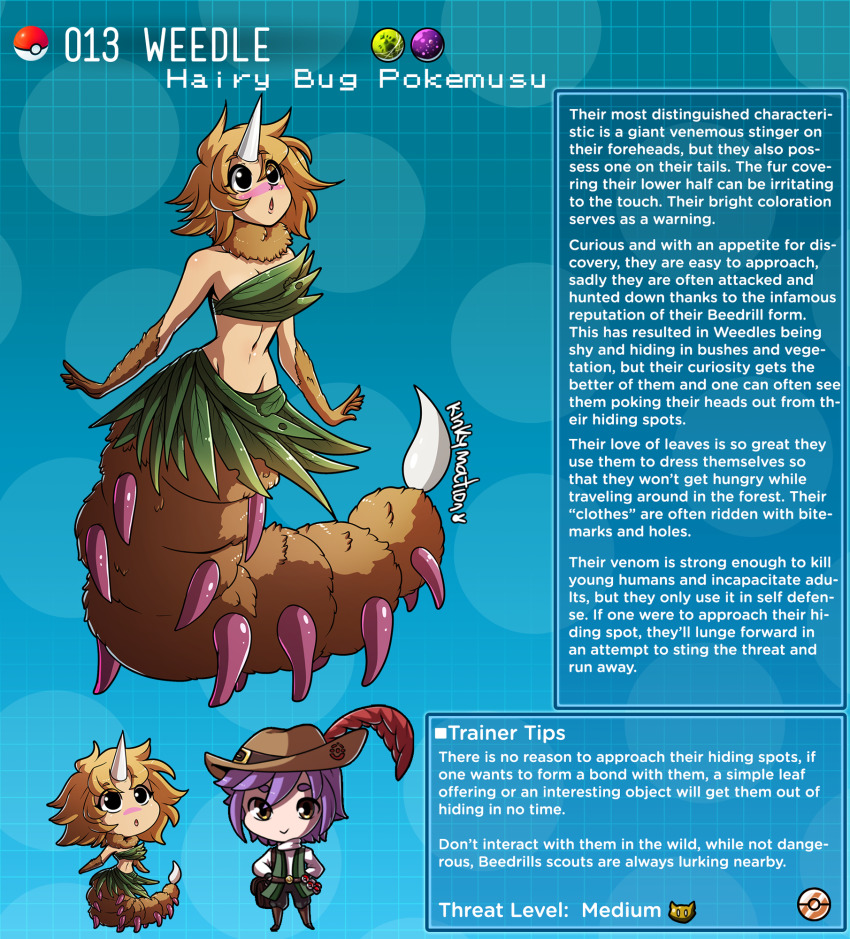 1boy 1girl arthropod_girl artist_name black_eyes brown_eyes brown_hair centauroid commentary english_commentary english_text furry gen_1_pokemon hat highres horns kinkymation leaf_clothing monster monster_girl nintendo open_mouth poke_ball pokemon pokemon_(creature) profile purple_hair single_horn taur weedle