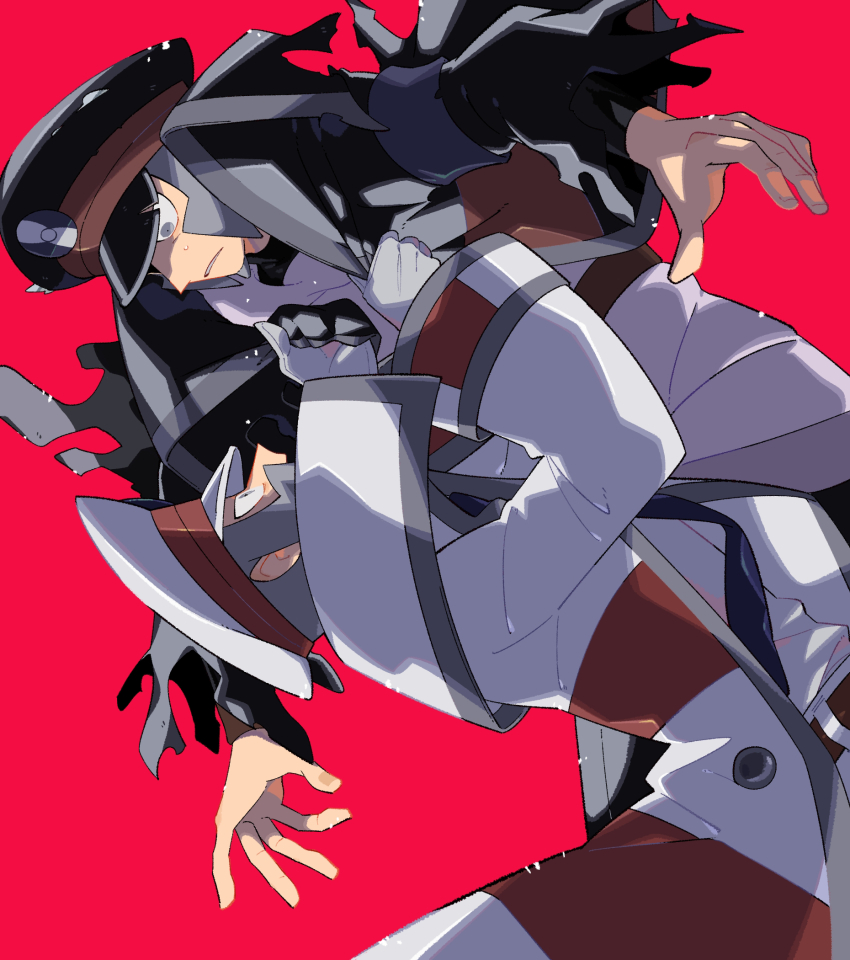 2boys armband armlet belt black_coat black_hat black_undershirt blue_armband blue_necktie coat collared_shirt emmet_(pokemon) facial_hair goatee grey_eyes grey_hair hat highres holding holding_coat holding_unworn_clothes ingo_(pokemon) jewelry kanianoreki male_focus multiple_boys necktie nintendo open_mouth pants pearl_clan_outfit pokemon pokemon_bw pokemon_legends:_arceus red_background shirt short_hair sideburns surprised sweat sweatdrop torn_clothes torn_coat turtleneck unworn_coat white_coat white_hat white_pants white_shirt wide-eyed