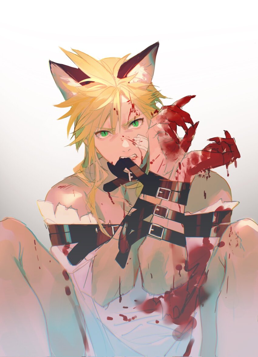 1boy angry animal_ears bandage_on_face bandages bare_shoulders bdsm belt_buckle biting black_collar blonde_hair blood blood_on_clothes blood_on_face blood_on_hands bloody_clothes bloody_dress bondage bound buckle cat_boy cat_ears claws cloud_strife cloud_strife_(ball_gown) collar crossdressing dress final_fantasy final_fantasy_vii gradient_background green_eyes highres knees_up male_focus medium_hair messy_hair purple_dress restrained simple_background sitting slit_pupils spiked_hair xianyu314