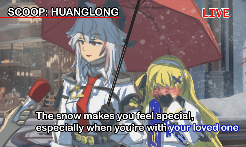 2girls be_de_giau_ma blush commentary english_commentary highres holding holding_umbrella long_hair meme multiple_girls news outdoors parted_lips phoebe_(wuthering_waves) red_umbrella snow special_feeling_(meme) umbrella wuthering_waves yuri zani_(wuthering_waves)