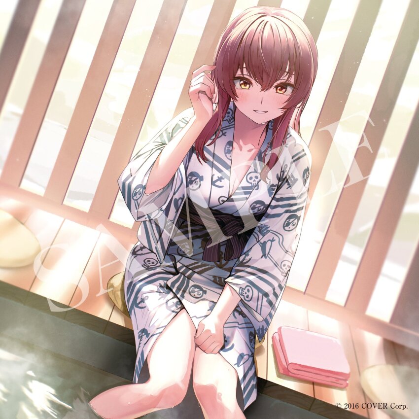 1girl breasts heterochromia highres hololive houshou_marine indoors japanese_clothes kagawa_ichigo kimono large_breasts long_hair red_hair sauna sitting towel virtual_youtuber water watermark