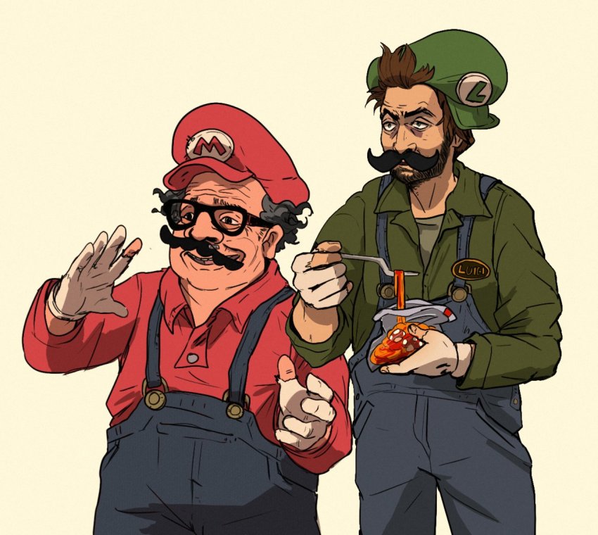 1boy 2boys bag balding beard black-framed_eyewear black_eyes black_hair blue_overalls brown_eyes brown_hair character_name charlie_day charlie_kelly commentary danny_devito english_commentary facial_hair fake_facial_hair fake_mustache fat food forehead fork foxeaf frank_reynolds glasses gloves green_hat green_jacket green_shirt hat holding holding_bag holding_food holding_fork it&#039;s_always_sunny_in_philadelphia jacket long_sleeves looking_at_viewer luigi male_focus manly mario_(series) mario_bros. multiple_boys mushroom mustache name_tag nintendo nose old overalls pasta real_life red_hat red_shirt shirt simple_background smile solo spaghetti super_mushroom teeth the_super_mario_bros._movie torn_clothes torn_gloves unmoving_pattern upper_teeth_only voice_actor_connection yellow_background
