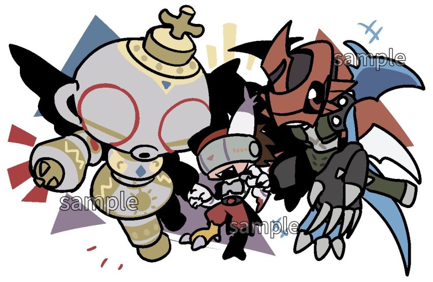 confeito000_333 covered_eyes cross digimon digimon_(creature) digimon_adventure_02 doguu expressionless fusion helmet mask paildramon pointy_ears shakkoumon silphymon wings