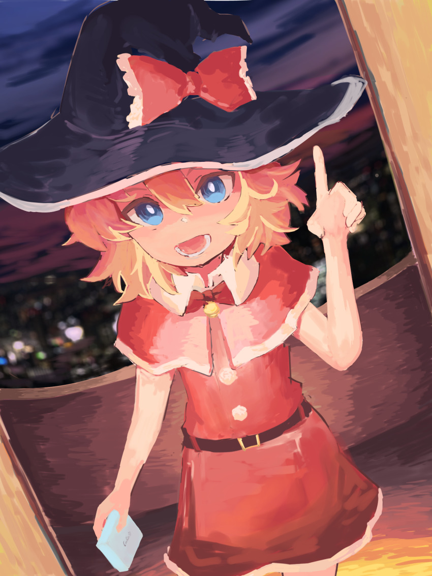 1girl alternate_costume black_hat blonde_hair blue_eyes blurry blurry_background bow bowtie bright_pupils capelet commentary_request cookie_(touhou) cowboy_shot doorway dress hair_between_eyes hat hat_bow highres index_finger_raised kirisame_marisa looking_at_viewer lower_teeth_only meguru_(cookie) open_mouth pov_doorway red_bow red_bowtie red_capelet red_dress short_hair smile solo teeth touhou white_pupils whiterolo witch_hat