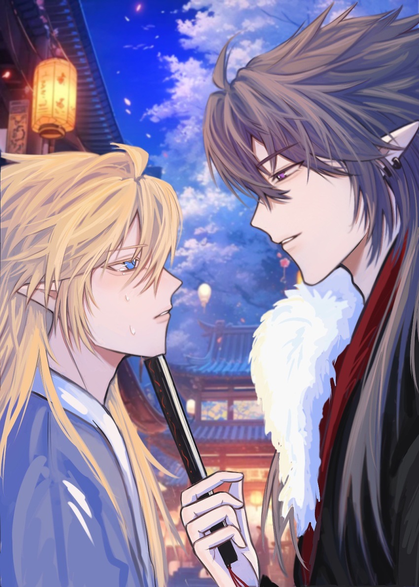 2boys ahoge alternate_costume alternate_hairstyle alternate_universe aotu_world architecture bishounen black_hair blonde_hair blue_eyes chinese_clothes cloud ear_piercing earrings east_asian_architecture folded_fan folding_fan hair_between_eyes hand_fan hanfu highres holding holding_fan jewelry king_(aotu_world) lantern long_hair looking_at_another male_focus multiple_boys night outdoors paper_lantern parted_lips piercing plutoray pointy_ears purple_eyes ray_(aotu_world) sky sweatdrop upper_body yaoi