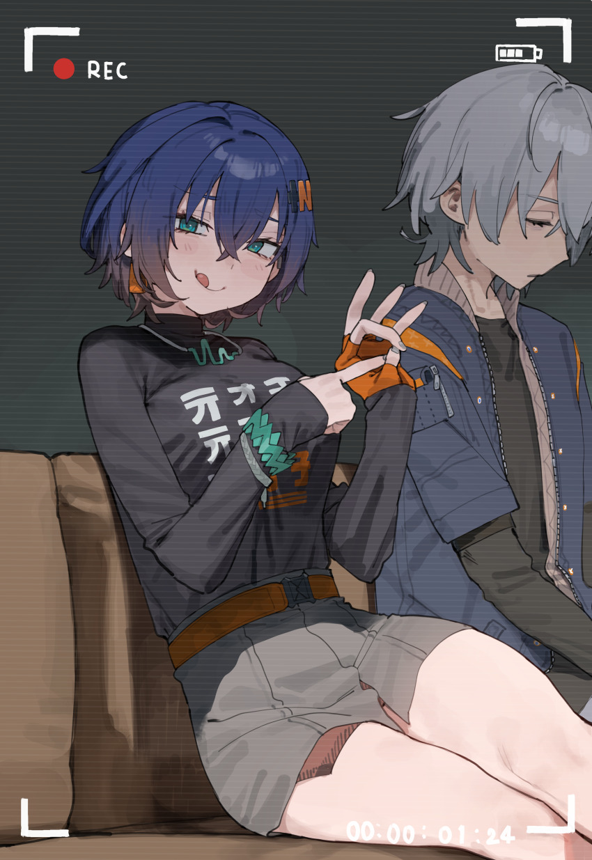 1boy 1girl :q absurdres belle_(zenless_zone_zero) black_shirt blue_hair blue_jacket breasts commentary couch english_commentary engrish_commentary fellatio_gesture fingerless_gloves gloves green_eyes grey_hair grey_skirt hair_ornament highres incest indoors jacket jewelry large_breasts letter_hair_ornament lonklink looking_at_viewer necklace on_couch orange_gloves shirt single_fingerless_glove sitting skirt sleeping tongue tongue_out viewfinder wise_(zenless_zone_zero) zenless_zone_zero