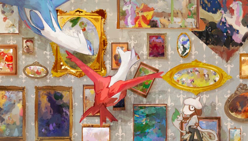 absurdres aomidori_iro blue_skin blue_wings calyrex calyrex_(rider) charizard colored_skin dragonite dratini floating florges furfrou galarian_form galarian_rapidash gallade gen_1_pokemon gen_2_pokemon gen_3_pokemon gen_4_pokemon gen_5_pokemon gen_6_pokemon gen_7_pokemon gen_8_pokemon highres horns indoors ladder latias latios legendary_pokemon long_neck looking_at_viewer lotad marill mudsdale multicolored_skin nintendo no_humans on_ladder paint painting_(object) picture_frame pokemon pokemon_(creature) pokemon_focus profile pyroar red_eyes red_skin red_wings sirfetch&#039;d sitting smeargle smile stepladder tail tongue tongue_out vanillite waving white_skin wings yellow_eyes