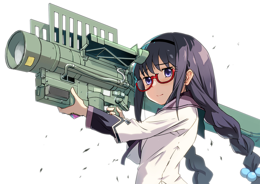 1girl akemi_homura akemi_homura_(magical_girl) amon_(mulciber) black_hair black_hairband blue_eyes braid closed_mouth collared_dress dress fim-92_stinger hair_bobbles hair_ornament hairband holding holding_rocket_launcher holding_weapon long_hair long_sleeves looking_ahead mahou_shoujo_madoka_magica man-portable_air-defense_system missile_launcher rectangular_eyewear red-framed_eyewear rocket_launcher sailor_collar semi-rimless_eyewear smile solo twin_braids under-rim_eyewear weapon white_background white_dress white_sailor_collar