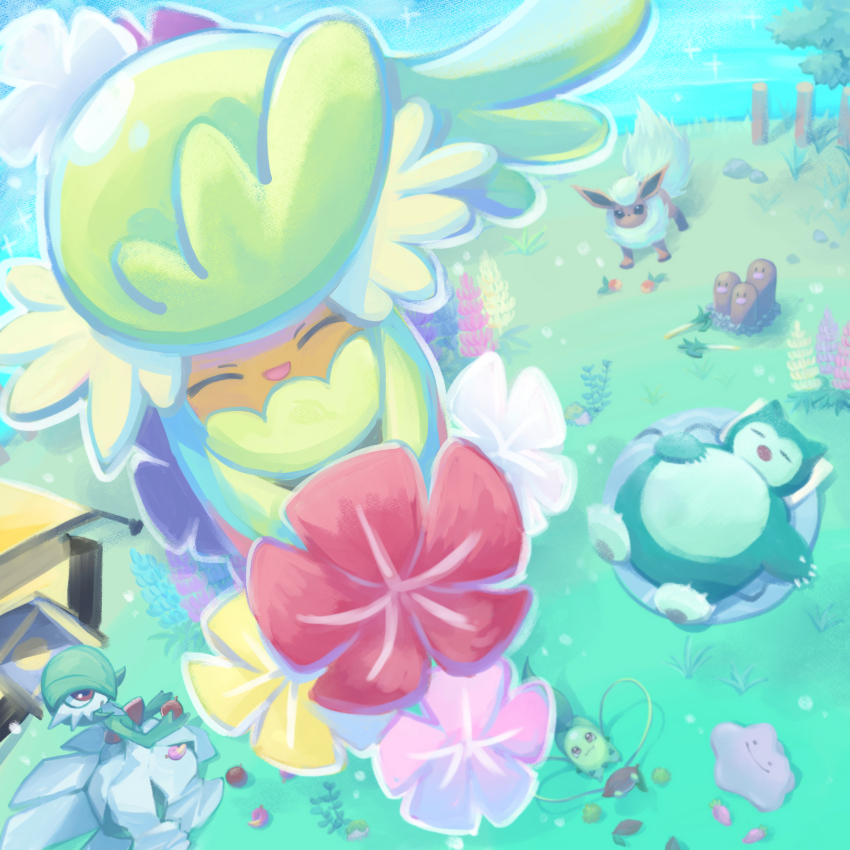 1girl ^_^ animal_focus apricorn berry_(pokemon) chikorita closed_eyes comfey day ditto dugtrio durin_berry dutch_angle facing_viewer flareon floating flower from_above game_freak gardevoir gen_1_pokemon gen_2_pokemon gen_3_pokemon gen_7_pokemon grass happy highres leppa_berry looking_at_another looking_up mago_berry misubaru_rin nintendo occa_berry open_mouth outdoors outline persim_berry pink_flower pokemon pokemon_(creature) pokemon_sleep purple_flower red_flower sleeping smile snorlax solo_focus sparkle spring_onion straight-on tent white_flower white_outline yellow_flower