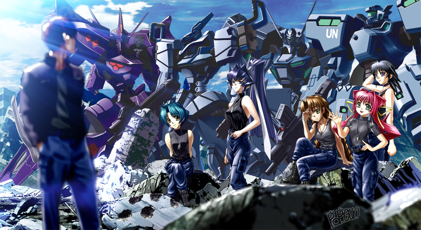 1boy 5girls artist_name ayamine_kei black_hair black_jacket black_tank_top blue_hair blue_pants breasts brown_hair f-4j_gekishin green_eyes grey_shirt hair_ears halterneck hand_on_own_hip hands_in_pockets jacket mecha medium_breasts mitsurugi_meiya multiple_girls muv-luv muv-luv_alternative pants popgun_(22882502) purple_eyes robot rubble sakaki_chizuru science_fiction shirogane_takeru shirt short_hair smile tactical_surface_fighter tamase_miki tank_top twintails type_00_takemikazuchi type_94_shiranui type_97_fubuki visor waving yoroi_mikoto