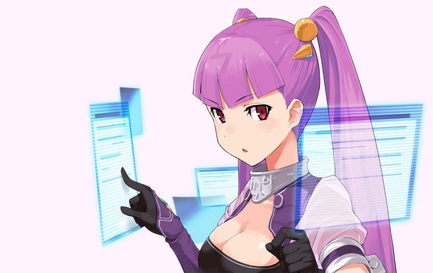 1girl bing breasts cleavage female_focus gloves highres microsoft_bing microsoft_windows nanami_(bing) purple_hair red_eyes solo twintails