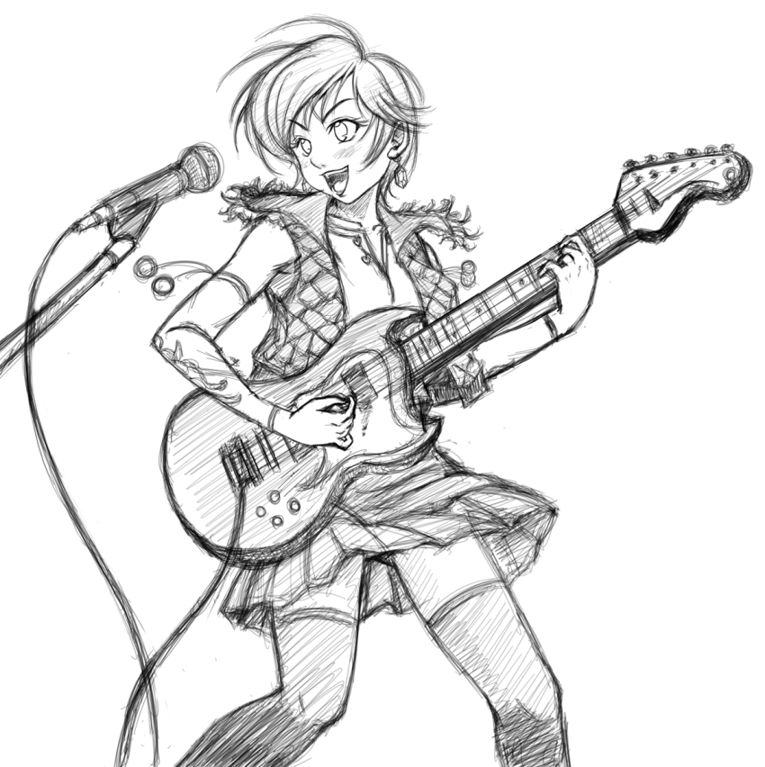 1girl alternate_costume bad_id bad_pixiv_id detached_sleeves earrings eileen electric_guitar greyscale guitar highres instrument jewelry microphone microphone_stand miniskirt monochrome open_clothes open_mouth open_vest short_hair skirt tal_yuji thighhighs vest virtua_fighter virtua_fighter_5 virtua_fighter_5:_final_showdown
