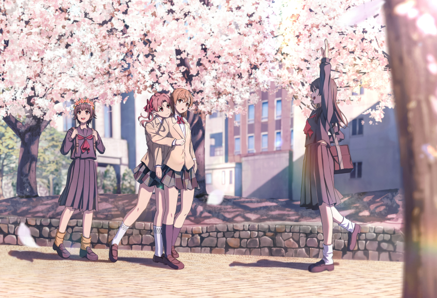 4girls absurdres bag black_hair black_socks blazer blue_eyes blue_sailor_collar bow bowtie brown_eyes brown_hair brown_jacket cherry_blossoms commentary grey_skirt hair_bow head_on_another&#039;s_shoulder head_wreath highres hug hug_from_behind jacket kneehighs long_hair long_sleeves misaka_mikoto multiple_girls neckerchief outdoors pension_z plaid_clothes plaid_skirt pleated_skirt red_bow red_bowtie red_neckerchief sailor_collar sakugawa_school_uniform saten_ruiko school_bag school_uniform shirai_kuroko short_hair skirt smile socks toaru_kagaku_no_railgun toaru_majutsu_no_index tokiwadai_school_uniform tree twintails uiharu_kazari white_socks winter_uniform