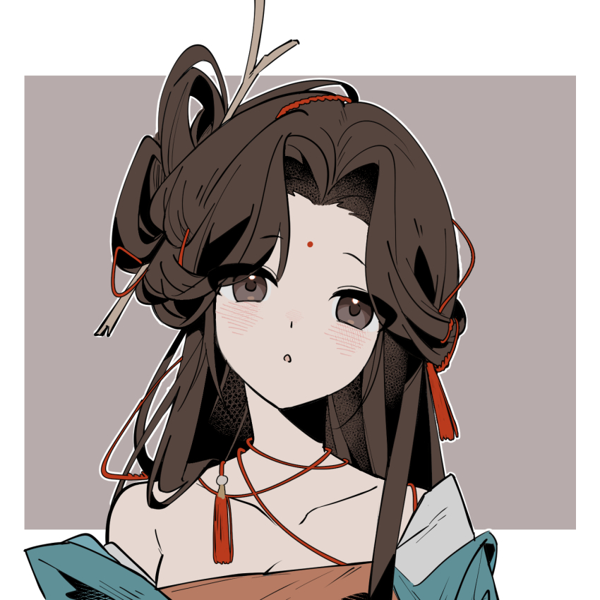 1girl :o black_eyes black_hair border facial_mark forehead_mark green_sleeves grey_background hair_branch hair_bun hair_ornament highres jiu_niangzi long_hair outside_border portrait reverse:1999 risu.ws single_off_shoulder single_side_bun solo tassel tassel_hair_ornament white_border