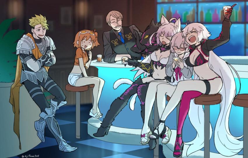 2boys 4girls :d achilles_(fate) agrius_metamorphosis ahoge animal_ear_fluff animal_ears arm_up armor armored_boots asaya_minoru asymmetrical_legwear atalanta_(fate) atalanta_alter_(fate) bar_(place) bar_stool bartender bikini bikini_under_clothes black-framed_eyewear black_bikini black_footwear black_pants black_thighhighs black_vest blue_neckwear blush boots bottle breastplate breasts brown_footwear brown_shirt cat_ears cat_girl cat_tail checkered_floor cleavage closed_eyes closed_mouth cocktail_glass collared_shirt crossed_arms crossed_legs cup dress dress_swimsuit drink drinking_glass drunk eyewear_on_head facial_hair fang fate/apocrypha fate/grand_order fate_(series) feet fujimaru_ritsuka_(female) fujimaru_ritsuka_(female)_(tropical_summer) girl_sandwich glasses gloves green_eyes green_hair grin hair_between_eyes hair_over_one_eye high_heel_boots high_heels holding holding_cup indoors jacket james_moriarty_(archer)_(fate) james_moriarty_(gray_collar)_(fate) jeanne_d&#039;arc_alter_(swimsuit_berserker)_(fate) jeanne_d&#039;arc_(fate) jeanne_d&#039;arc_alter_(fate) jeanne_d&#039;arc_alter_(swimsuit_berserker)_(fate) long_hair long_sleeves mash_kyrielight medium_breasts multiple_boys multiple_girls mustache nail_polish necktie official_alternate_costume one-piece_swimsuit open_mouth orange-tinted_eyewear orange_shirt pants pauldrons pink_hair pink_legwear purple_nails red_gloves sandals sandwiched shirt short_shorts shorts shoulder_armor shrug_(clothing) single_thighhigh sleeves_pushed_up smile stool sunglasses sweat swimsuit swimsuit_under_clothes tail thighhighs tinted_eyewear toenail_polish toenails toes tropical_summer_(fate) twitter_username uneven_legwear v-shaped_eyebrows very_long_hair vest wedge_heels white-framed_eyewear white_dress white_hair white_jacket white_one-piece_swimsuit white_shorts