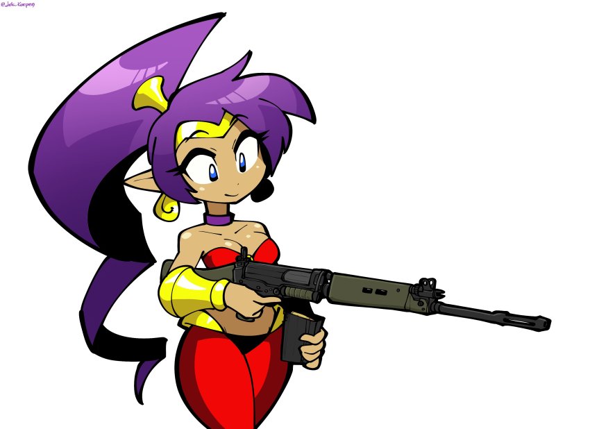 1girl absurdres bandeau battle_rifle blue_eyes bracer breasts cartridge choker circlet cleavage collarbone cowboy_shot dark-skinned_female dark_skin dot_nose ear_piercing earrings eyelashes fn_fal genie gun hair_tie harem_pants high_ponytail highres holding holding_weapon jek_korpen jewelry long_hair looking_down magazine_(weapon) midriff pants piercing pointy_ears ponytail purple_hair reloading rifle shantae shantae_(series) signature smile solo strapless tube_top weapon white_background