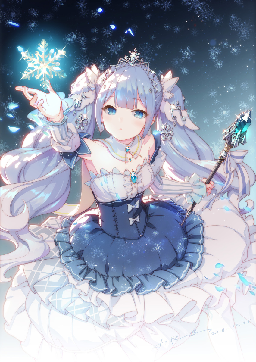 1girl absurdres blue_eyes blue_hair breasts crystal detached_sleeves fortissimo framed_breasts glowing hair_ornament hatsune_miku highres light_blue_hair long_hair musical_note musical_note_hair_ornament parted_lips small_breasts snowflakes solo staff twintails vocaloid xiao_duzi yuki_miku yuki_miku_(2019)