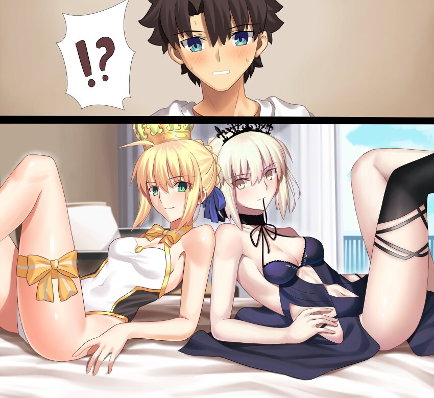 !? 1boy 2girls absurdres ahoge artoria_pendragon_(fate) artoria_pendragon_alter_(swimsuit_rider)_(fate) bed blonde_hair blue_eyes blush breasts cloud cloudy_sky crown fate/grand_order fate_(series) fujimaru_ritsuka_(male) hair_bun highres longdq3008 multiple_girls on_bed ribbon short_hair sky sweatdrop swimsuit tagme yellow_eyes