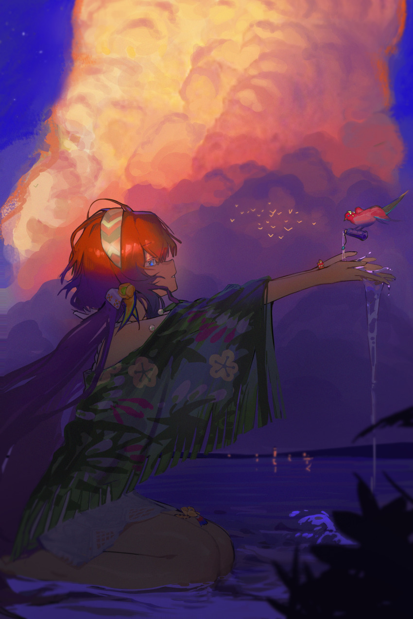 1girl absurdres akarinchan barefoot bird blue_eyes blue_sky capelet cloud cumulonimbus_cloud dress evening floral_print from_side full_body green_capelet green_hairband hairband highres holding_water long_hair looking_at_animal low_twintails official_alternate_costume orange_clouds pouring print_capelet profile red_hair reverse:1999 seiza short_dress sitting sky soaking_feet solo twintails very_long_hair water white_dress yellow_clouds yenisei_(around_the_riverbend)_(reverse:1999) yenisei_(reverse:1999)