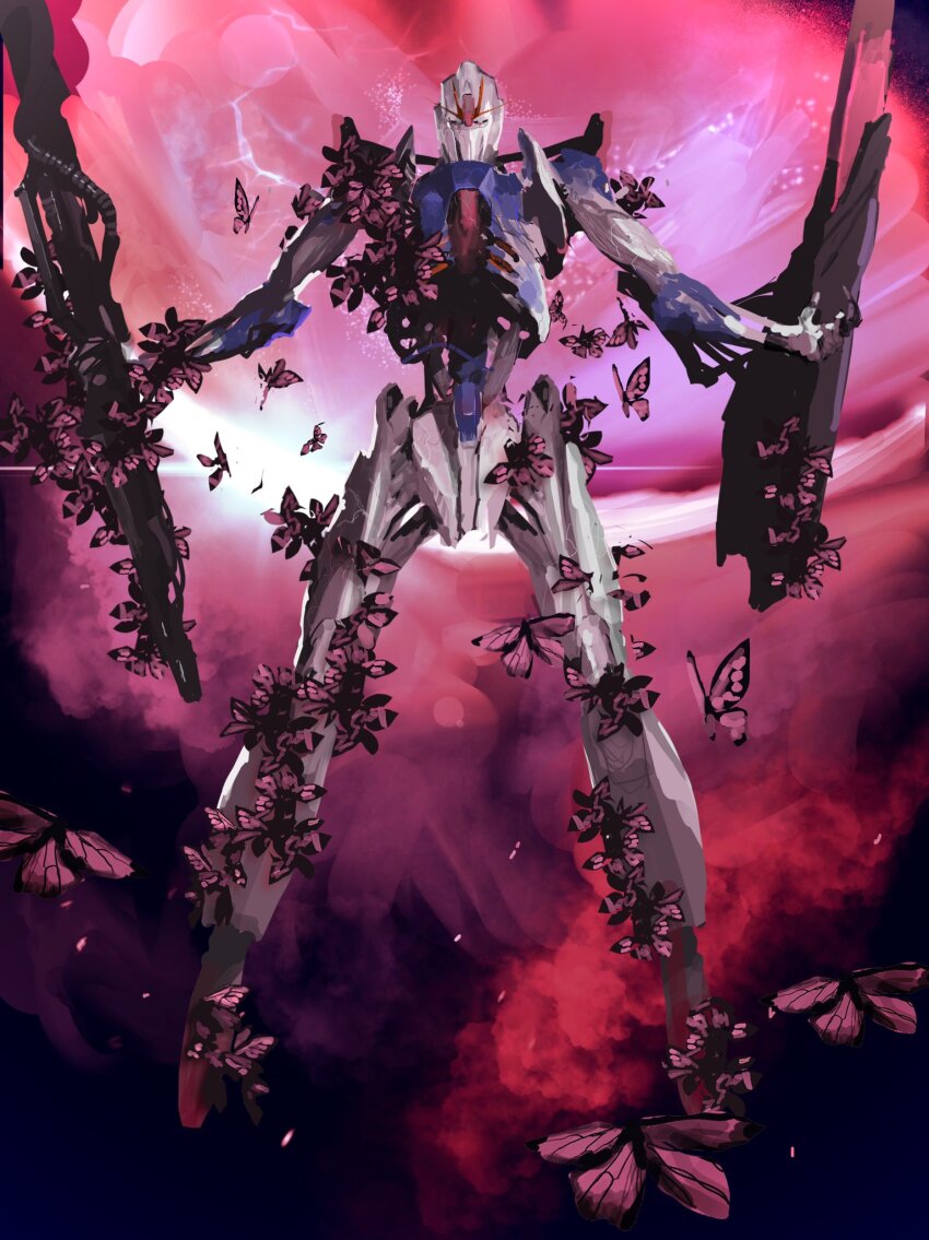 bug butterfly cable commentary full_body green_eyes gun gundam highres holding holding_gun holding_weapon insect looking_at_viewer mecha mecha_focus no_humans pink_butterfly redesign rintaro_komori robot solo straight-on v-fin weapon zeta_gundam zeta_gundam_(mobile_suit)