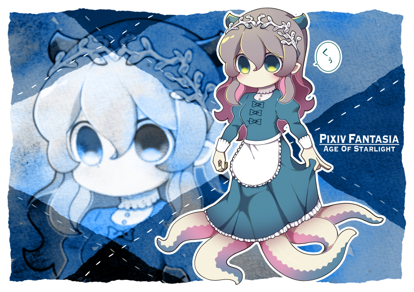 1girl absurdres apron blue_bow blue_bowtie blue_dress border bow bowtie brown_hair buttons copyright_name dress frilled_dress frills green_eyes hair_between_eyes highres horns long_hair long_sleeves maid no_mouth original pixiv_fantasia pixiv_fantasia_age_of_starlight pointy_ears shirt solo speech_bubble tachibana_yellow tentacle_limbs tentacles translation_request waist_apron white_border white_shirt zoom_layer