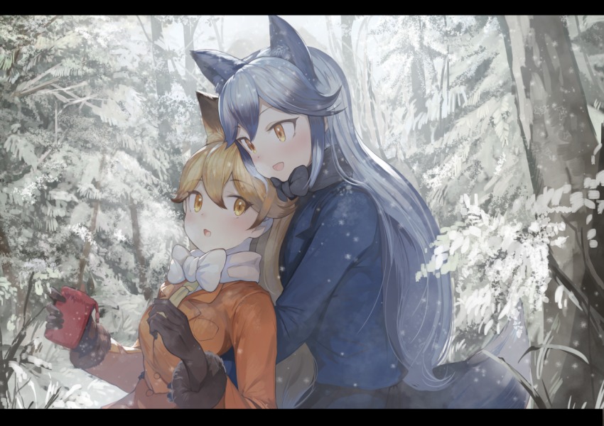 10s 2girls animal_ears black_gloves black_hair black_skirt blonde_hair blush bow bowtie brown_eyes brown_gloves day ezo_red_fox_(kemono_friends) fox_ears fox_tail fur_trim gloves hair_between_eyes jacket kemono_friends koruse letterboxed long_hair long_sleeves multicolored_hair multiple_girls necktie open_mouth outdoors silver_fox_(kemono_friends) silver_hair skirt smile snow tail tree two-tone_hair winter yellow_eyes yellow_necktie