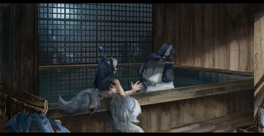 1boy animal_ears antennae bad_id bad_pixiv_id bathing blue_hair character_request closed_mouth facing_away fishing_rod fox_ears fox_tail from_behind hat highres letterboxed male_focus moochasu multiple_tails nude shichigatsu sitting smile solo tail top_hat towelket_wo_mou_ichido two_tails water