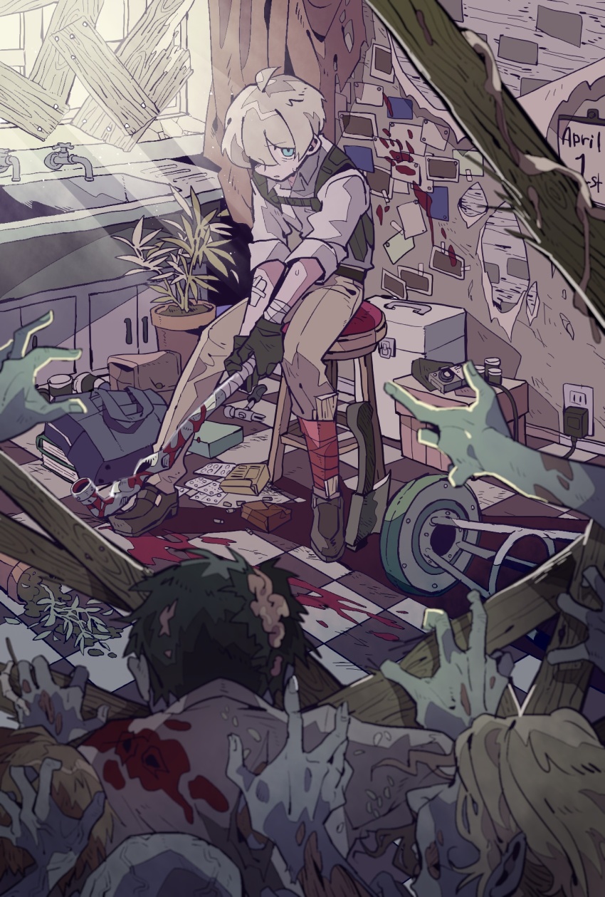 bandages blonde_hair blood blue_eyes brain checkered_floor colored_skin electrical_outlet fal0811 faucet green_skin hatchet highres holding holding_weapon original pants photo_(object) smoking_pipe plant potted_plant shoes sink sitting stool sunlight weapon window zombie
