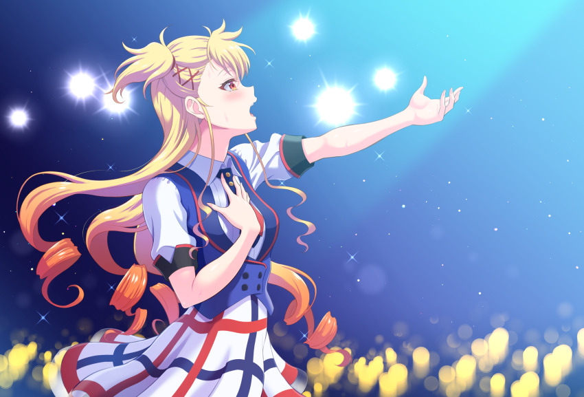1girl audience blonde_hair breasts concert curly_hair from_side hair_ornament hairpin hand_on_own_chest harukaze_soyogu highres idol_clothes light_particles long_hair multicolored_hair open_mouth outstretched_arm plaid_clothes plaid_skirt reaching red_eyes red_hair seibu_rio shine_post shirt skirt solo sparkle sweat two_side_up very_long_hair white_shirt