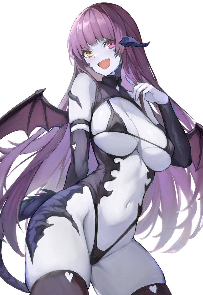 1girl :d au_ra bikini black_bikini black_thighhighs blue_skin breasts cleavage colored_skin commentary_request commission cowboy_shot dragon_girl dragon_horns dragon_tail dragon_wings final_fantasy final_fantasy_xiv heterochromia highleg highleg_bikini highres horns large_breasts long_hair looking_at_viewer navel open_mouth pink_eyes purple_hair revision scales simple_background single_horn skeb_commission smile solo swimsuit tail thighhighs torisanff14 very_long_hair warrior_of_light_(ff14) white_background wings yellow_eyes