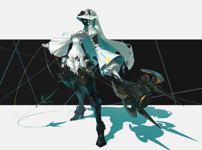 1girl android aqua_hair axe babilusss breasts cable covered_navel dual_wielding full_body high_heels highres holding holding_axe holding_weapon joints long_sleeves mask medium_breasts nun original pouch puffy_sleeves robot robot_joints saw science_fiction shadow solo standing thigh_pouch veil weapon wide_sleeves