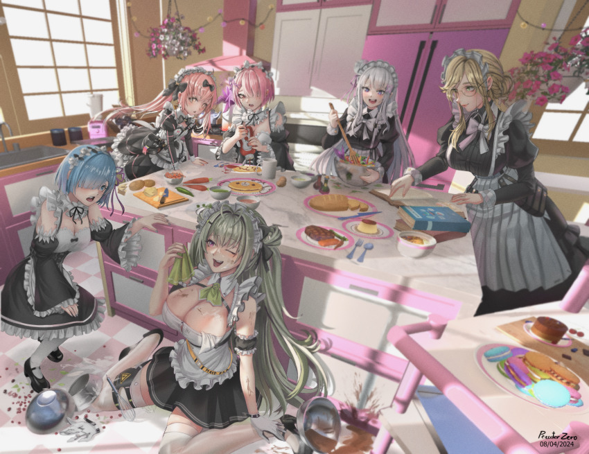 6+girls ade_(nikke) alternate_costume antenna_hair apron arm_support armlet blonde_hair blue_eyes blue_hair book book_stack bow bread breasts carrot chocolate cleavage cocoa_(nikke) commentary counter detached_collar elf emilia_(re:zero) english_commentary enmaided flower food fork frilled_apron frills gloves goddess_of_victory:_nikke green_eyes green_hair hair_bow hair_ornament hair_over_one_eye hair_ribbon heart_antenna_hair highres indoors jewelry juliet_sleeves ketchup ketchup_bottle kitchen knife large_breasts long_hair long_sleeves macaron maid maid_apron maid_for_you_(nikke) maid_headdress mixing_bowl multiple_girls omelet omurice one_eye_closed open_book open_mouth pancake peaceterzero pink_eyes pink_hair pointy_ears potato puffy_sleeves purple_eyes purple_ribbon ram_(re:zero) re:zero_kara_hajimeru_isekai_seikatsu rem_(re:zero) ribbon roswaal_mansion_maid_uniform round_eyewear short_hair siblings sink sisters sitting soda_(nikke) spill spoon table tray twins waist_apron wariza white_apron white_gloves white_hair wide_sleeves window x_hair_ornament